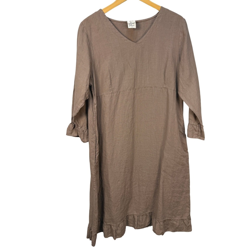Match Point USA Brown 100% Linen Ruffle Hem V-Neck Pocket Dress ‎ Small